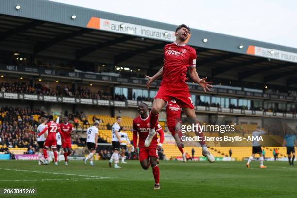 Tom Bloxham of Shrewsbury Town celebrates after scoring a goal to make it 0-2 during the Sky Bet League One match between Port Vale and Shrewsbury...