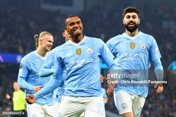 Manuel Akanji of Manchester City celebrates scoring the opening goal during the UEFA Champions League 2023/24 round of 16 second leg match between...