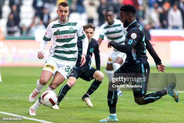 Filip Damjanovic of TUMOSAN Konyaspor in action against Mendoza Valencia of Yukatel Adana Demirspor during Turkish Super Lig week 29 footbal match...