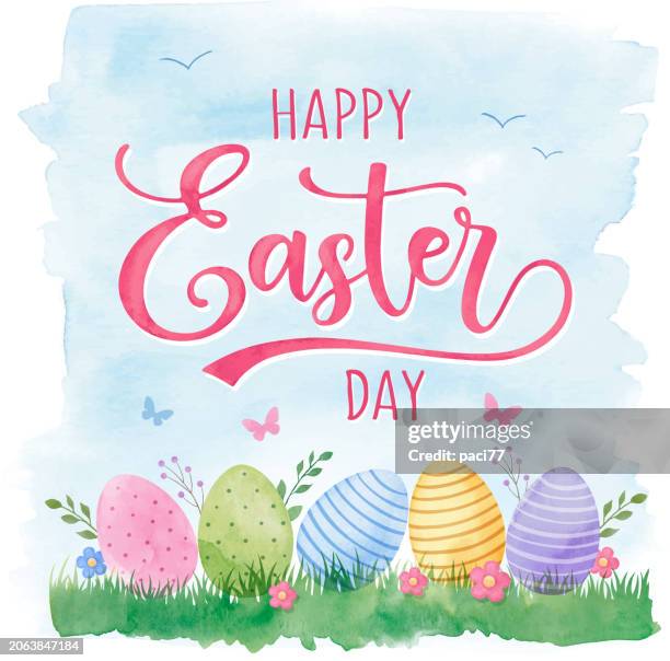 happy easter watercolors greeting card with watercolor decorated eggs and flowers on white backgrounds. - painted easter eggs stock illustrations