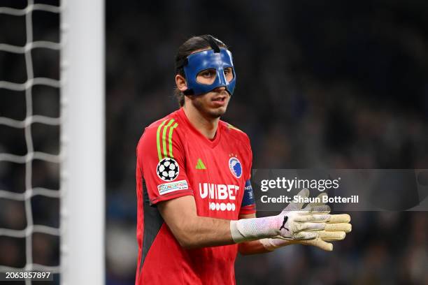 Kamil Grabara of FC Copenhagen reacts after Julian Alvarez of Manchester City scores his team's second goal during the UEFA Champions League 2023/24...