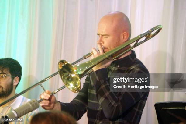 Ollie Martin, Stan Sulzmann’s Neon Orchestra, Watermill Jazz Club, Dorking, Surrey, Nov 2023. Stan’s 75th Birthday Celebration. Creator: Brian...