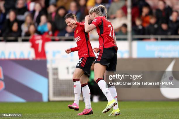 Millie Turner of Manchester United celebrates scoring a goal to make the score 0-1 with her team-mate Hannah Blundell during the Adobe Women's FA Cup...