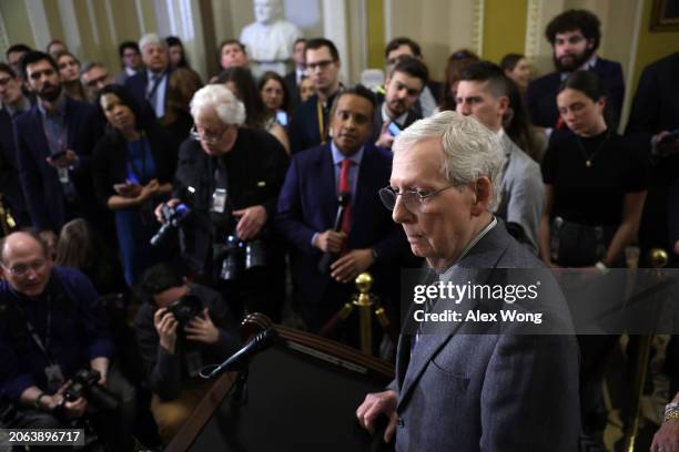 Senate Minority Leader Sen. Mitch McConnell speaks during a news briefing after a weekly Senate Republican policy luncheon at the U.S. Capitol on...