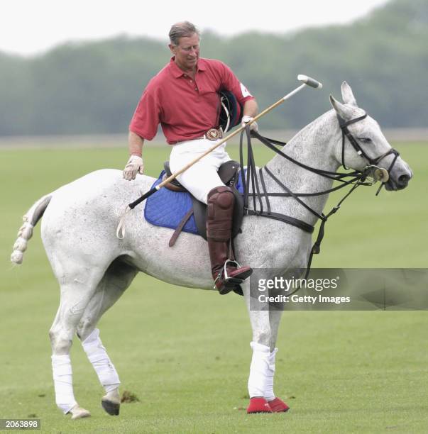 His royal highess Prince Charles, The Prince of Wales pats his horse at the end of the Chakravarty polo cup match on June 7, 2003 in Tetbury, England...
