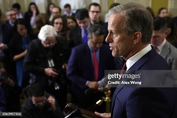 Senate Minority Whip Sen. John Thune speaks during a news briefing after a weekly Senate Republican policy luncheon at the U.S. Capitol on March 6,...