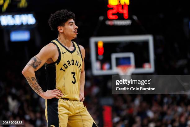 Carton of the Toronto Raptors during the second half of their NBA game against the Golden State Warriors at Scotiabank Arena on March 1, 2024 in...