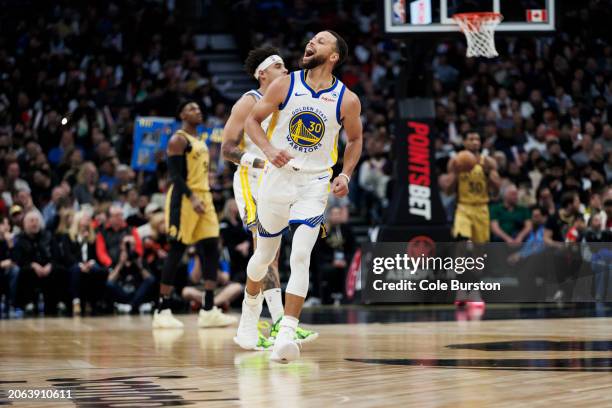 Stephen Curry of the Golden State Warriors reacts during the first half of their NBA game against the Toronto Raptors at Scotiabank Arena on March 1,...