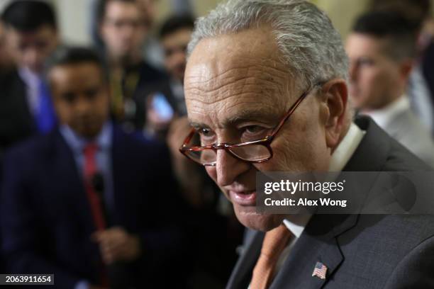Senate Majority Leader Sen. Chuck Schumer speaks during a news briefing after a weekly Senate Democrat policy luncheon at the U.S. Capitol on March...