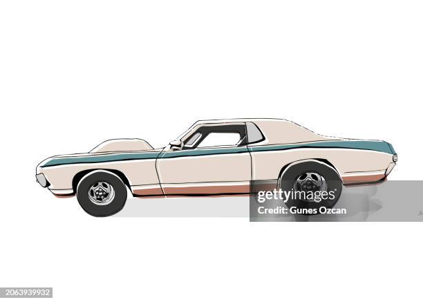 printmaking style vintage car, old car sketch, car show, car icon, retro style, old-fashioned vehicle - old car side view stock illustrations