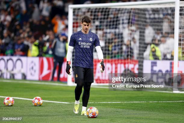 Kepa Arrizabalaga of Real Madrid warms up during the UEFA CHampions League, Round of 16, football match played between Real Madrid and RB Leipzig at...