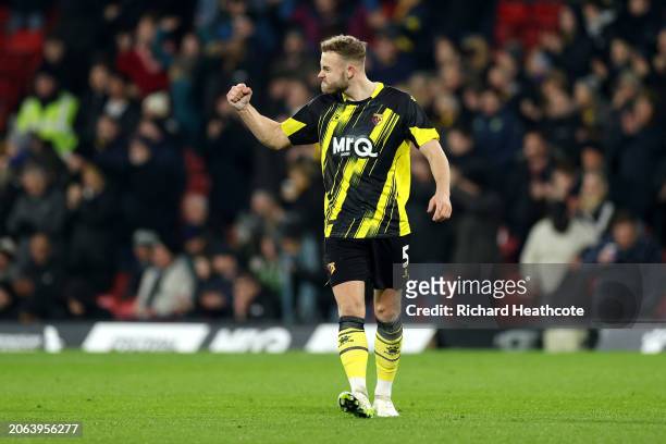 Ryan Porteous of Watford celebrates scoring his team's first goal during the Sky Bet Championship match between Watford and Swansea City at Vicarage...