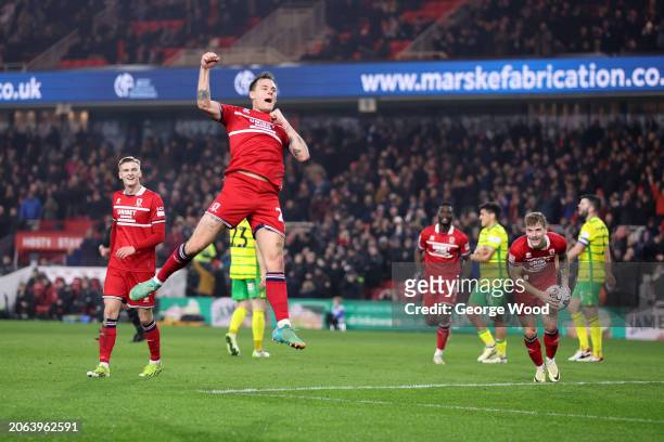 Lukas Engel of Middlesbrough celebrates scoring his team's third goal during the Sky Bet Championship match between Middlesbrough and Norwich City at...