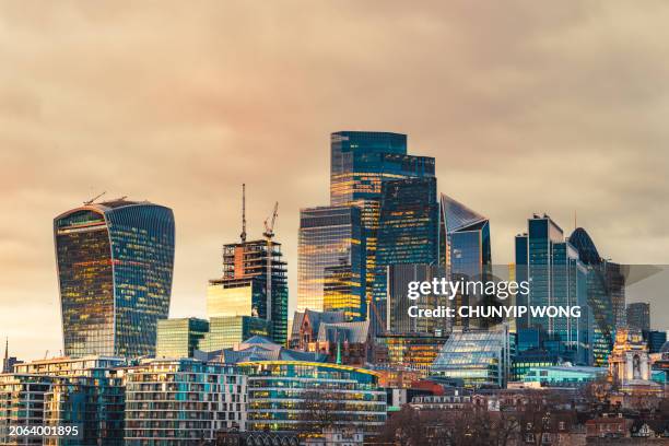 city of london skyscrapers at sunset - bishopsgate london stock pictures, royalty-free photos & images