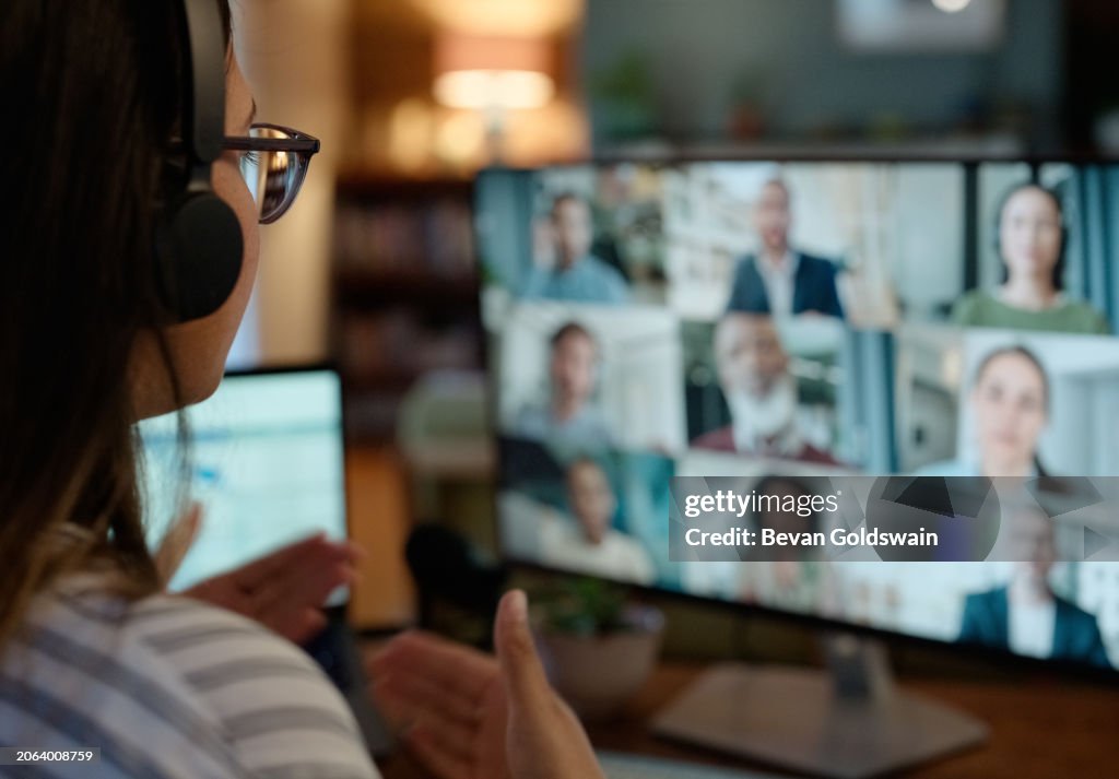 Woman, video call and conference or virtual meeting on screen discussion at home office, collage or webinar. Female person, headphones and group diversity in London or presentation, talk or online