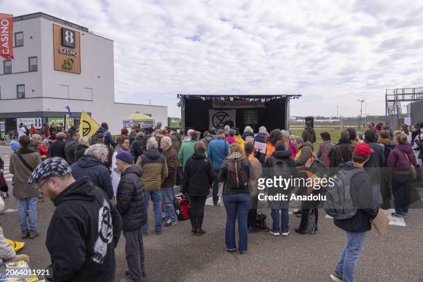 Environmental activist group Extinction Rebellion XR and local residents hold a protest at the Maastricht Aachen Airport, demanding a ban on private...