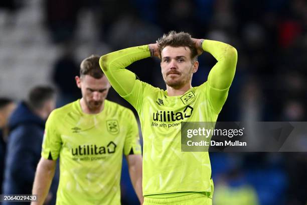 Danny Ward of Huddersfield Town reacts at full-time following the team's defeat in during the Sky Bet Championship match between Cardiff City and...