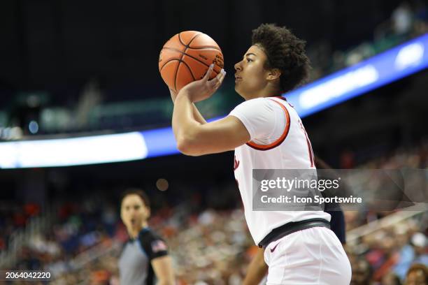 Virginia Tech Hokies forward Carys Baker shoots during the college basketball game between the Notre Dame Fighting Irish and Virginia Tech Hokies in...