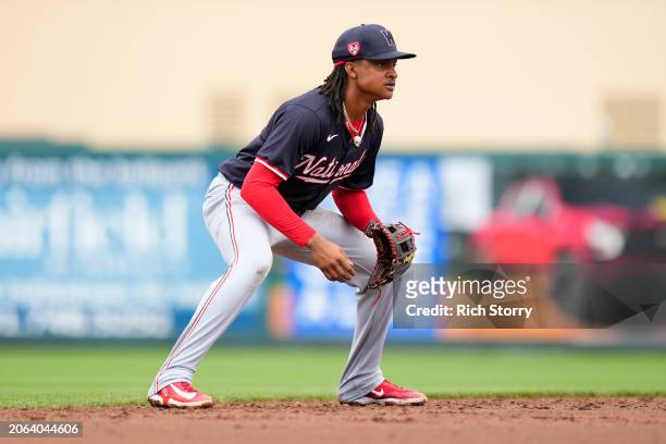 Abrams of the Washington Nationals looks on during a spring training game /M at Roger Dean Stadium on March 06, 2024 in Jupiter, Florida.