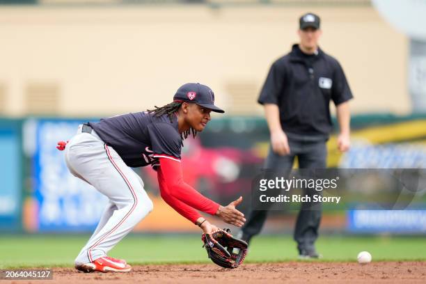 Abrams of the Washington Nationals collects a ground ball against the Miami Marlins during a spring training game at Roger Dean Stadium on March 06,...