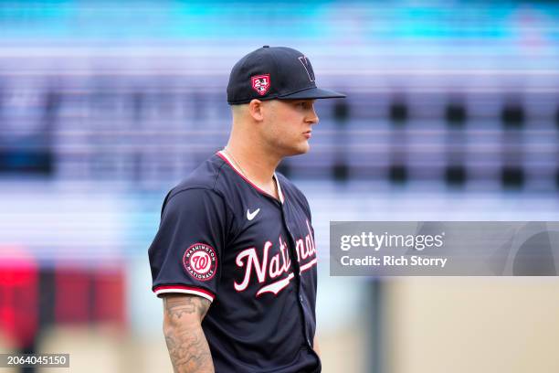 Nick Senzel of the Washington Nationals looks on during a spring training game against the Miami Marlins at Roger Dean Stadium on March 06, 2024 in...