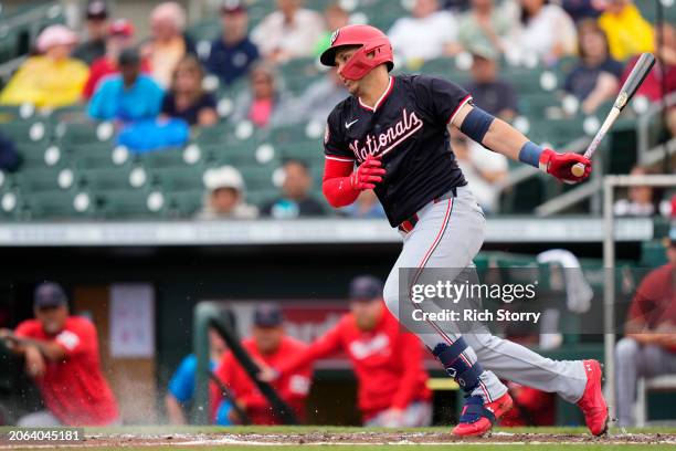 Joey Meneses of the Washington Nationals at bat during a spring training game against the Miami Marlins at Roger Dean Stadium on March 06, 2024 in...