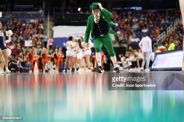 The Notre Dame Leprechaun leaves the court during the college basketball game between the Notre Dame Fighting Irish and Virginia Tech Hokies in the...