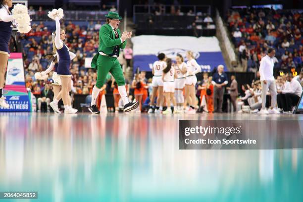 The Notre Dame Leprechaun claps during the college basketball game between the Notre Dame Fighting Irish and Virginia Tech Hokies in the semifinals...