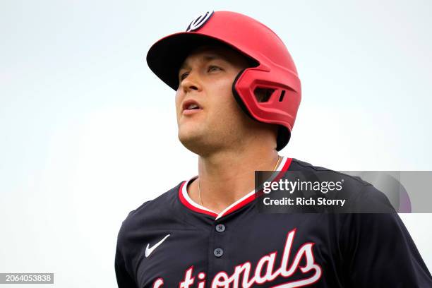 Nick Senzel of the Washington Nationals looks on during a spring training game against the Miami Marlins at Roger Dean Stadium on March 06, 2024 in...