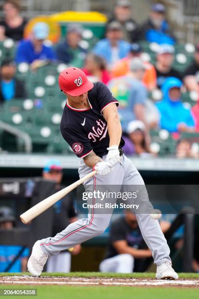 Nick Senzel of the Washington Nationals at bat during a spring training game against the Miami Marlins at Roger Dean Stadium on March 06, 2024 in...