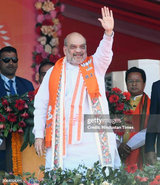 Union Home Minister Amit Shah waving his hand during Pichra-Ati Pichra Mahasammelan organized by the OBC cell of BJP at Paliganj, on March 9, 2024 in...