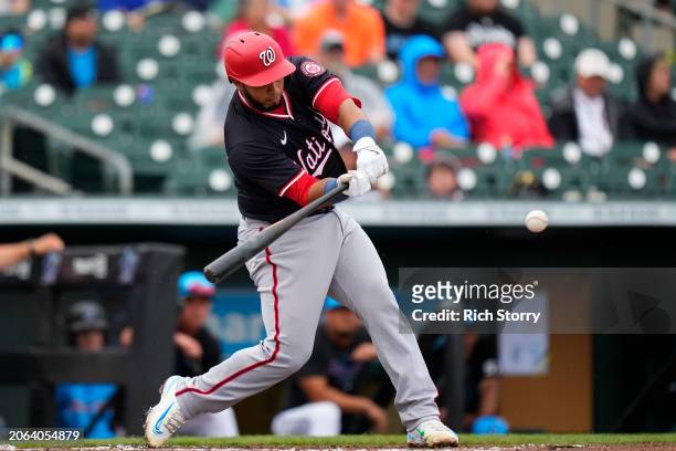 Keibert Ruiz of the Washington Nationals at bat during a spring training game against the Miami Marlins at Roger Dean Stadium on March 06, 2024 in...