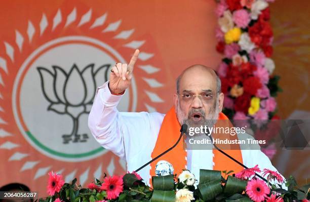 Union Home Minister Amit Shah addressing during Pichra-Ati Pichra Mahasammelan organized by the OBC cell of BJP at Paliganj, on March 9, 2024 in...