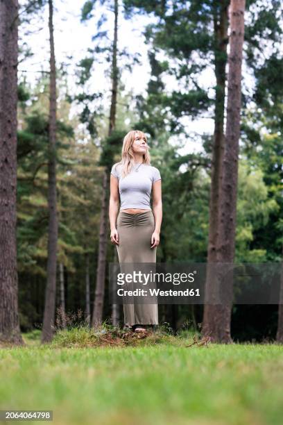 woman standing near trees in forest - green skirt stock pictures, royalty-free photos & images