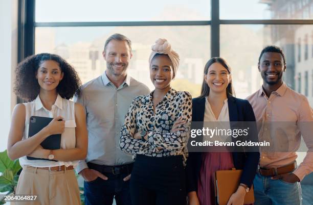 business people, portrait and colleagues teamwork in office at creative agency startup, collaboration or partnership. men, women and diversity or about us together or unity, professional or workplace - about us stock pictures, royalty-free photos & images