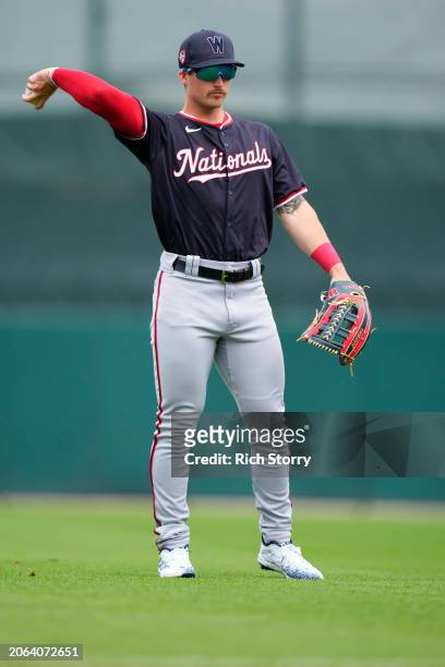 Dylan Crews of the Washington Nationals warms up prior to a spring training game against the Miami Marlins at Roger Dean Stadium on March 06, 2024 in...