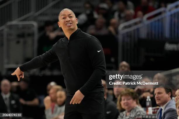 Head coach Tyronn Lue of the LA Clippers reacts during the first half against the Milwaukee Bucks at Fiserv Forum on March 04, 2024 in Milwaukee,...