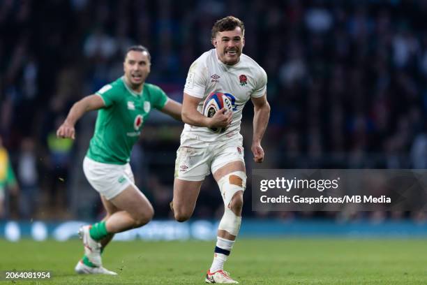 George Furbank of England runs with the ball during the Guinness Six Nations 2024 match between England and Ireland at Twickenham Stadium on March 9,...
