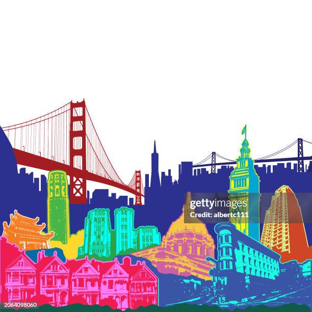 san francisco, kalifornien, stilisiertes stadtbild - san francisco stock-grafiken, -clipart, -cartoons und -symbole