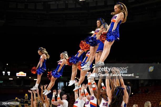 Florida Gators cheerleaders perform against the Missouri Tigers in the third quarter during the first round of the SEC Women's Basketball Tournament...