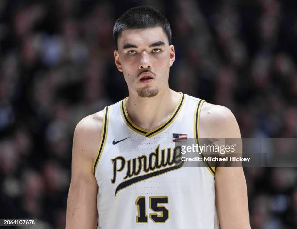 Zach Edey of the Purdue Boilermakers is seen during the game against the Michigan State Spartans at Mackey Arena on March 2, 2024 in West Lafayette,...