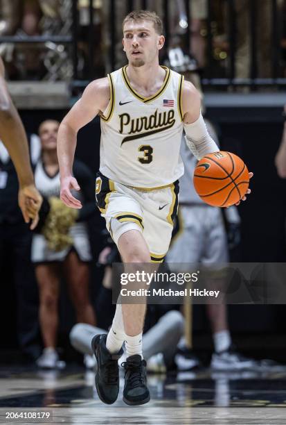 Braden Smith of the Purdue Boilermakers brings the ball up court during the game against the Michigan State Spartans at Mackey Arena on March 2, 2024...