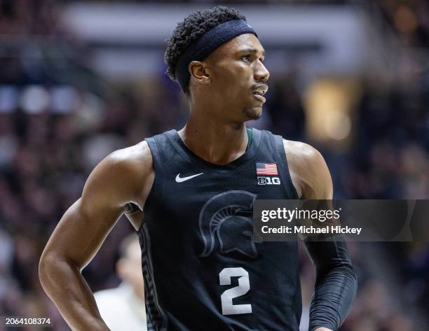 Tyson Walker of the Michigan State Spartans is seen during the game against the Purdue Boilermakers at Mackey Arena on March 2, 2024 in West...