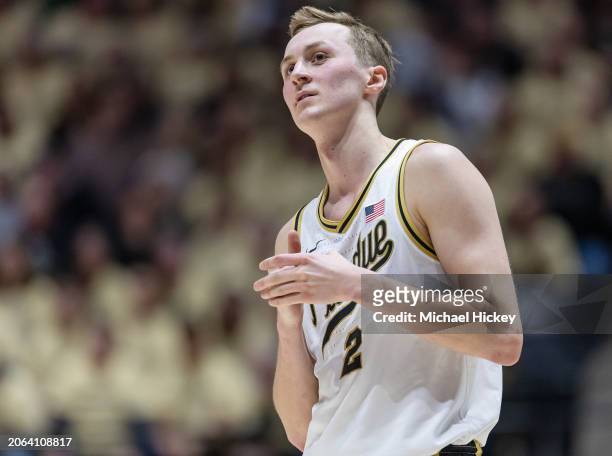 Fletcher Loyer of the Purdue Boilermakers is seen during the game against the Michigan State Spartans at Mackey Arena on March 2, 2024 in West...