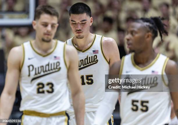 Zach Edey of the Purdue Boilermakers is seen during the game against the Michigan State Spartans at Mackey Arena on March 2, 2024 in West Lafayette,...