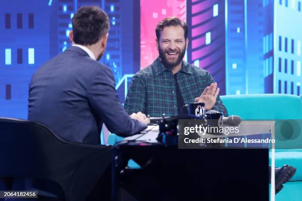 Alessandro Cattelan and Alessandro Borghi attend the "Stasera C'è Cattelan" TV Show on March 06, 2024 in Milan, Italy.