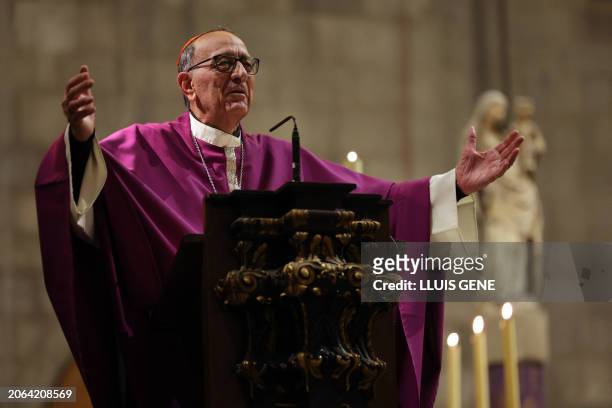 President of the Episcopal Conference of Spain and Archbishop of Barcelona, cardinal-priest Juan Jose Omella, officiates a mass at Santa Maria del Pi...