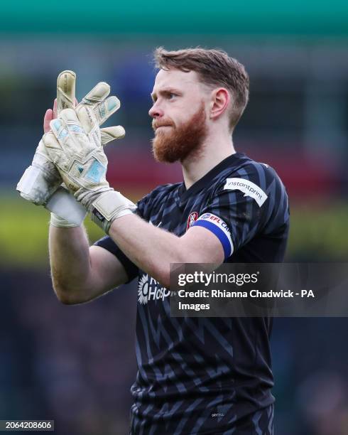 Rotherham United goalkeeper Viktor Johansson reacts after the final whistle during the Sky Bet Championship match at Carrow Road, Norwich. Picture...