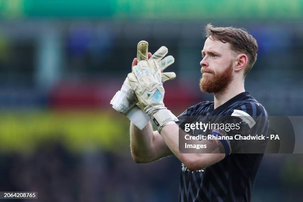 Rotherham United goalkeeper Viktor Johansson reacts after the final whistle during the Sky Bet Championship match at Carrow Road, Norwich. Picture...