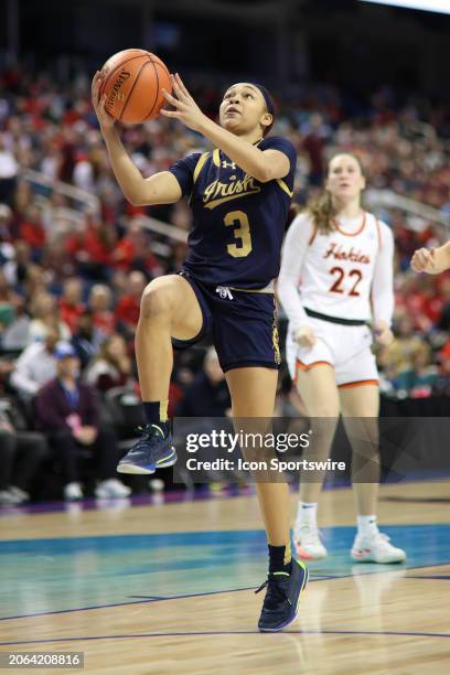 Notre Dame Fighting Irish guard Hannah Hidalgo goes up for a lay up during the college basketball game between the Notre Dame Fighting Irish and...